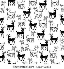 Seamless pattern of black and white deer, doodle style, New year, Merry Christmas, animal, mammal, hoofed, horns, doe, deer, hind, fallow-deer, forest, gift paper, wallpaper, print, fabric, for cloth