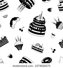 Seamless pattern of black and white dessert icons on a white background. Vector illustration of packaging design, wrapping paper.