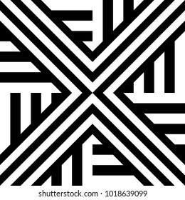 Seamless pattern with black white diagonal and straight lines. Optical illusion effect, op art. Vector ornamental background, texture. Weaving, intersection of strips. Fabric element, textile design.