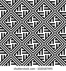 Seamless pattern with black white diagonal and straight lines. Optical illusion effect, op art. Vector ornamental background, texture. Weaving, intersection of strips. Fabric element, textile design.