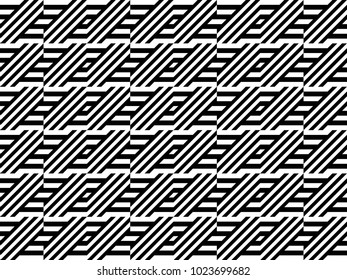 Seamless pattern with black white diagonal and straight lines. Optical illusion effect, op art. Vector ornamental background, texture. Weaving, intersection of strips. Fabric element, textile design.
