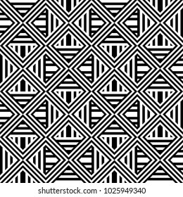 Seamless pattern with black white diagonal and straight lines. Optical illusion effect, op art. Vector ornamental background, texture. Weaving, intersection of strips. Fabric element, textile design.