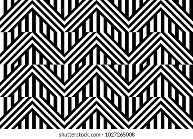 Seamless pattern with black white diagonal and straight lines. Optical illusion effect, op art. Vector ornamental background, texture. Weaving, intersection of strips. Fabric element, textile design.