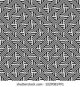 Seamless pattern with black white diagonal and straight lines. Optical illusion effect, op art. Vector ornamental background, texture. Weaving, intersection of strips. Fabric element, textile design.