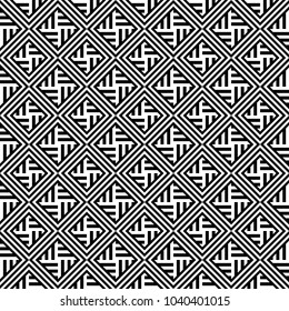 Seamless pattern with black white diagonal and straight lines. Optical illusion effect, op art. Vector ornamental background, texture. Weaving, intersection of strips. Fabric element, textile design.