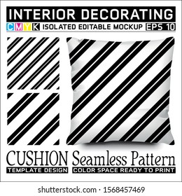 Seamless pattern black and white diagonal stripes with cushion mockup. Isolated and editable. CMYK color space ready to print. This pattern can also used for other.