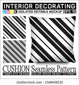 Seamless pattern black and white diagonal stripes with cushion mockup. Isolated and editable. CMYK color space ready to print. This pattern can also used for other.