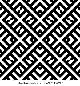 Seamless pattern with black white diagonal striped intertwined lines. Vector braided background, texture. Weaving, intersection of strips. Interwining, wicker knot. Fabric element, textile design.