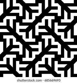 Seamless pattern with black white diagonal and straight braided striped lines. Optical illusion effect. Geometric tile in op art style. Vector ornamental background texture. Futuristic vibrant design.