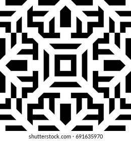 Seamless pattern with black white diagonal and straight braided striped lines. Optical illusion effect. Geometric tile in op art style. Vector ornamental background texture. Futuristic vibrant design.