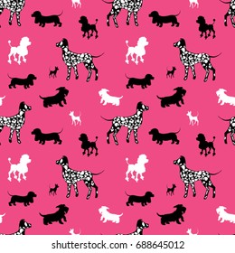 Seamless pattern with black and white dogs silhouettes - Dachshund, Dalmatian, chihuahua, scotchterrier, poodle on pink background. Animal design.