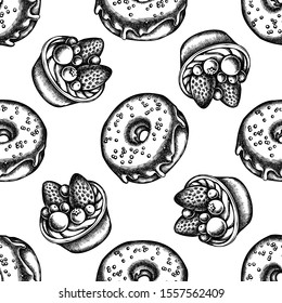Seamless pattern with black and white donut, tartlet