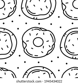 Seamless pattern with black and white donuts, buns and sprinkles on a white background. Vector cartoon doodle illustration for packaging, wallpaper.