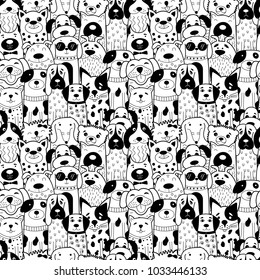 Seamless pattern with black and white doodle dogs. Vector illustration. Can be used for textile, website background, book cover, packaging. 