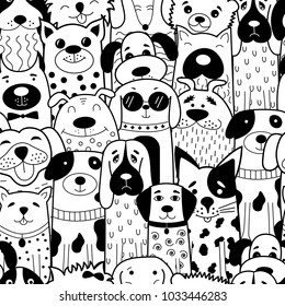 Seamless pattern with black and white doodle dogs. Vector illustration. Can be used for textile, website background, book cover, packaging. 