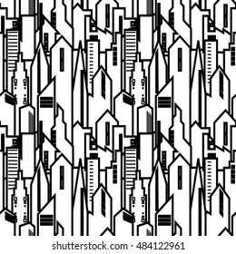 Seamless pattern of black and white doodle building.