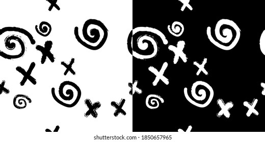 seamless pattern with black and white doodles. crosses and spirals. contour and silhouettes. Modern abstract design for packaging, paper, cover, fabric, interior decor and clothes. print