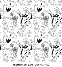 seamless pattern with black and white doodles of insects, flowers and leaves