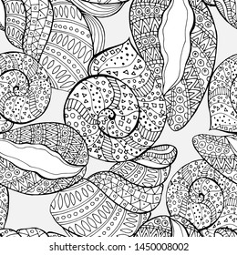 seamless pattern in black and white, drawing of sea shells, coloring antistress