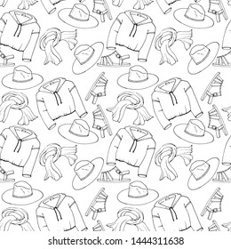 seamless pattern in black and white, with drawings of clothes and shoes
