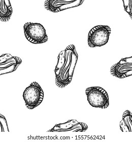 Seamless pattern with black and white eclair, truffle