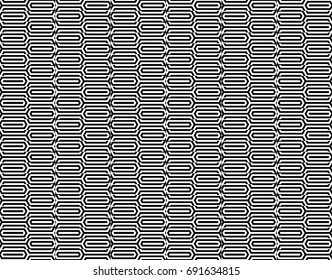 Seamless pattern with black white elongated hexagons, striped lines. Optical illusion grill. Industrial tile in op art style. Vector futuristic background, texture. 