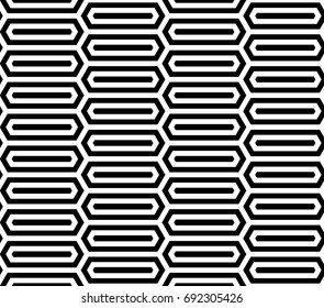 Seamless pattern with black white elongated hexagons, striped lines. Optical illusion grill. Industrial tile in op art style. Vector futuristic background, texture. 