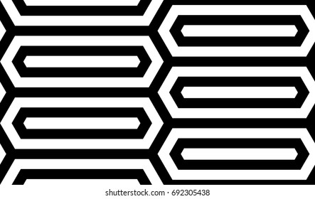Seamless pattern with black white elongated hexagons, striped lines. Optical illusion grill. Industrial tile in op art style. Vector futuristic background, texture. 