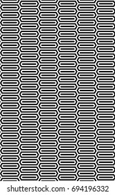 Seamless pattern with black white elongated hexagons, striped lines. Optical illusion grill. Industrial tile in op art style. Vector futuristic background, texture. 