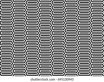 Seamless pattern with black white elongated hexagons, striped lines. Optical illusion grill. Industrial tile in op art style. Vector futuristic background, texture. 