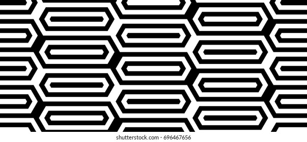 Seamless pattern with black white elongated hexagons, striped lines. Optical illusion grill. Industrial tile in op art style. Vector futuristic background, texture. 