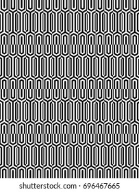 Seamless pattern with black white elongated hexagons, striped lines. Optical illusion grill. Industrial tile in op art style. Vector futuristic background, texture. 