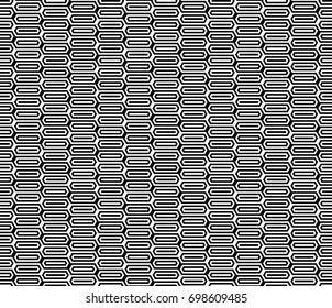 Seamless pattern with black white elongated hexagons, striped lines. Optical illusion grill. Industrial tile in op art style. Vector futuristic background, texture. 