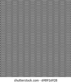 Seamless pattern with black white elongated hexagons, striped lines. Optical illusion grill. Industrial tile in op art style. Vector futuristic background, texture. 