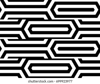 Seamless pattern with black white elongated hexagons, striped lines. Optical illusion grill. Industrial tile in op art style. Vector futuristic background, texture. 