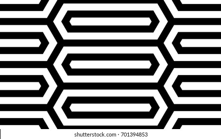 Seamless pattern with black white elongated hexagons, striped lines. Optical illusion grill. Industrial tile in op art style. Vector futuristic background, texture. 