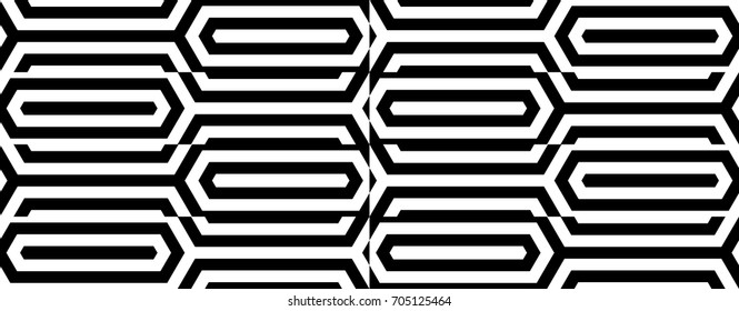 Seamless pattern with black white elongated hexagons, striped lines. Optical illusion grill. Industrial tile in op art style. Vector futuristic background, texture. 