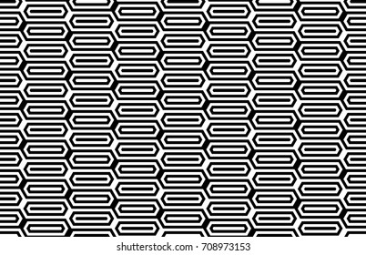 Seamless pattern with black white elongated hexagons, striped lines. Optical illusion grill. Industrial tile in op art style. Vector futuristic background, texture. 