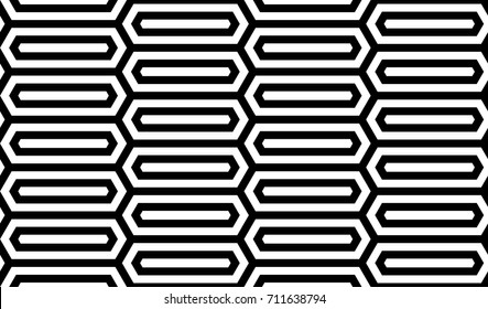 Seamless pattern with black white elongated hexagons, striped lines. Optical illusion grill. Industrial tile in op art style. Vector futuristic background, texture. 
