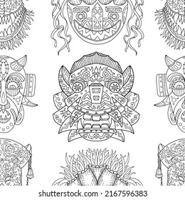 Seamless pattern with black and white ethnic african and asian masks, doodle hand drawn illustrations 