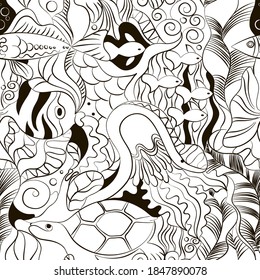 seamless pattern, black and white, exotic fish, snail, turtle, miduza. For printing on textiles, covers. Vector illustration