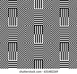 Seamless pattern with black white extended hexagons, diagonal striped lines. Optical illusion effect. Geometric tile in op art style. Vector hypnotic background, texture. Futuristic vibrant design.