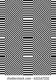 Seamless pattern with black white extended hexagons, diagonal striped lines. Optical illusion effect. Geometric tile in op art style. Vector hypnotic background, texture. Futuristic vibrant design.