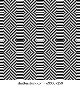 Seamless pattern with black white extended hexagons, diagonal striped lines. Optical illusion effect. Geometric tile in op art style. Vector hypnotic background, texture. Futuristic vibrant design.