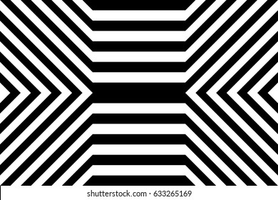 Seamless pattern with black white extended hexagons, diagonal striped lines. Optical illusion effect. Geometric tile in op art style. Vector hypnotic background, texture. Futuristic vibrant design.