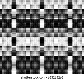 Seamless pattern with black white extended hexagons, diagonal striped lines. Optical illusion effect. Geometric tile in op art style. Vector hypnotic background, texture. Futuristic vibrant design.