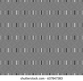 Seamless pattern with black white extended hexagons, diagonal striped lines. Optical illusion effect. Geometric tile in op art style. Vector hypnotic background, texture. Futuristic vibrant design.
