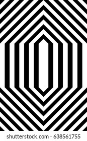 Seamless pattern with black white extended hexagons, diagonal striped lines. Optical illusion effect. Geometric tile in op art style. Vector hypnotic background, texture. Futuristic vibrant design.