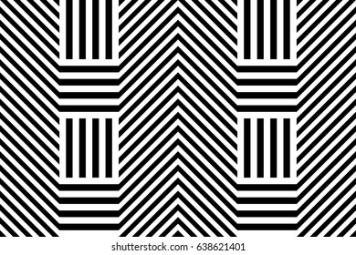Seamless pattern with black white extended hexagons, diagonal striped lines. Optical illusion effect. Geometric tile in op art style. Vector hypnotic background, texture. Futuristic vibrant design.