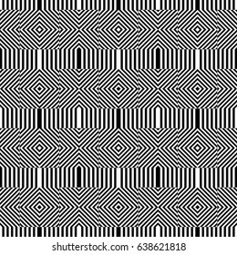Seamless pattern with black white extended hexagons, diagonal striped lines. Optical illusion effect. Geometric tile in op art style. Vector hypnotic background, texture. Futuristic vibrant design.